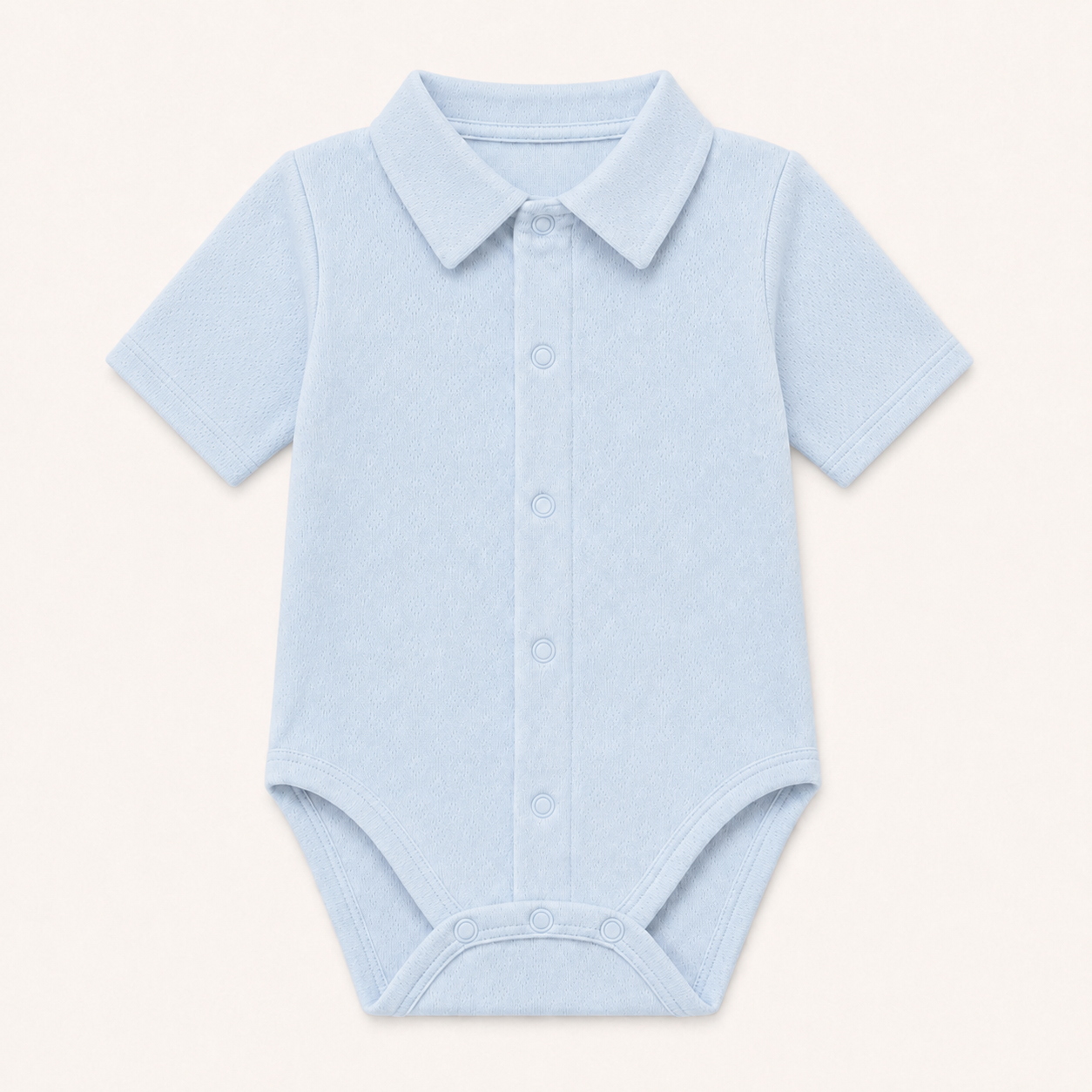 Body de gola de camisa em malha macia e leve, 100% algodão fantasia azul, manga curta, ideal para dias quentes
