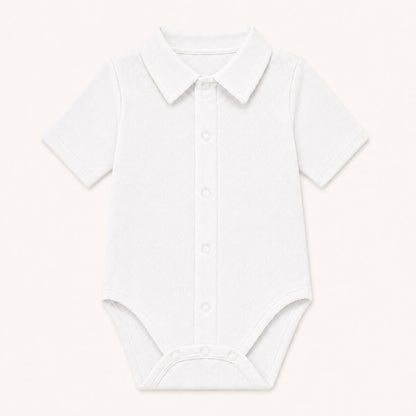 Body de gola de camisa em malha macia e leve, 100% algodão fantasia branco, manga curta, ideal para dias quentes