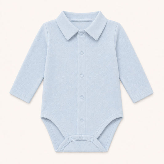 Body de gola de camisa em malha 100% algodão fantasia para bebés de 1 mês aos 24 meses.
