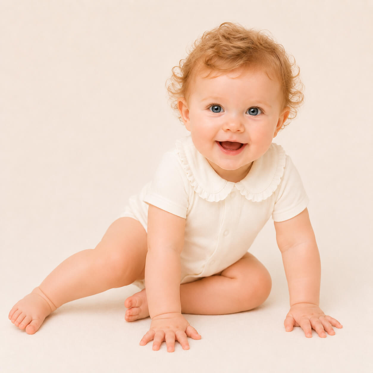Bebé de gatas, vestido com body de gola folho, malha algodão branco, super macia e com tratamento Anti-Pilling e anti-encolhimento