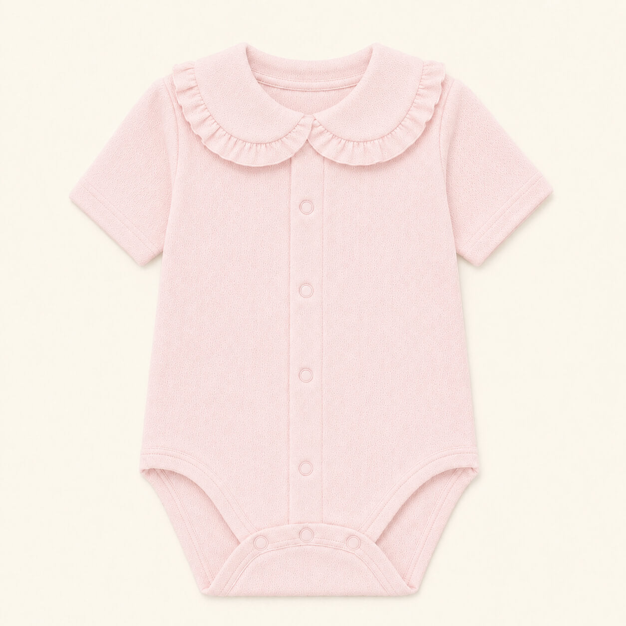 body de gola folho, manga curta, malha algodão rosa, super macia e com tratamento Anti-Pilling e anti-encolhimento