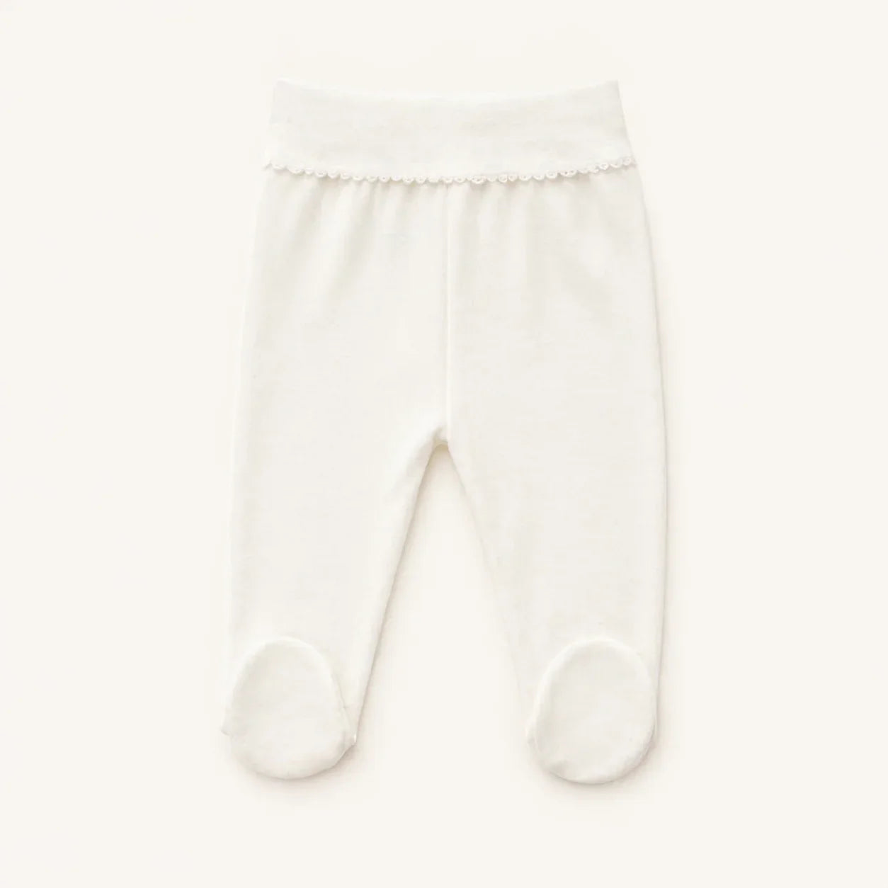 Calça de algodão básica branca para bebé com pés, fundo neutro, roupa confortável