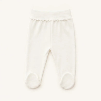 Calça de algodão básica branca para bebé com pés, fundo neutro, roupa confortável