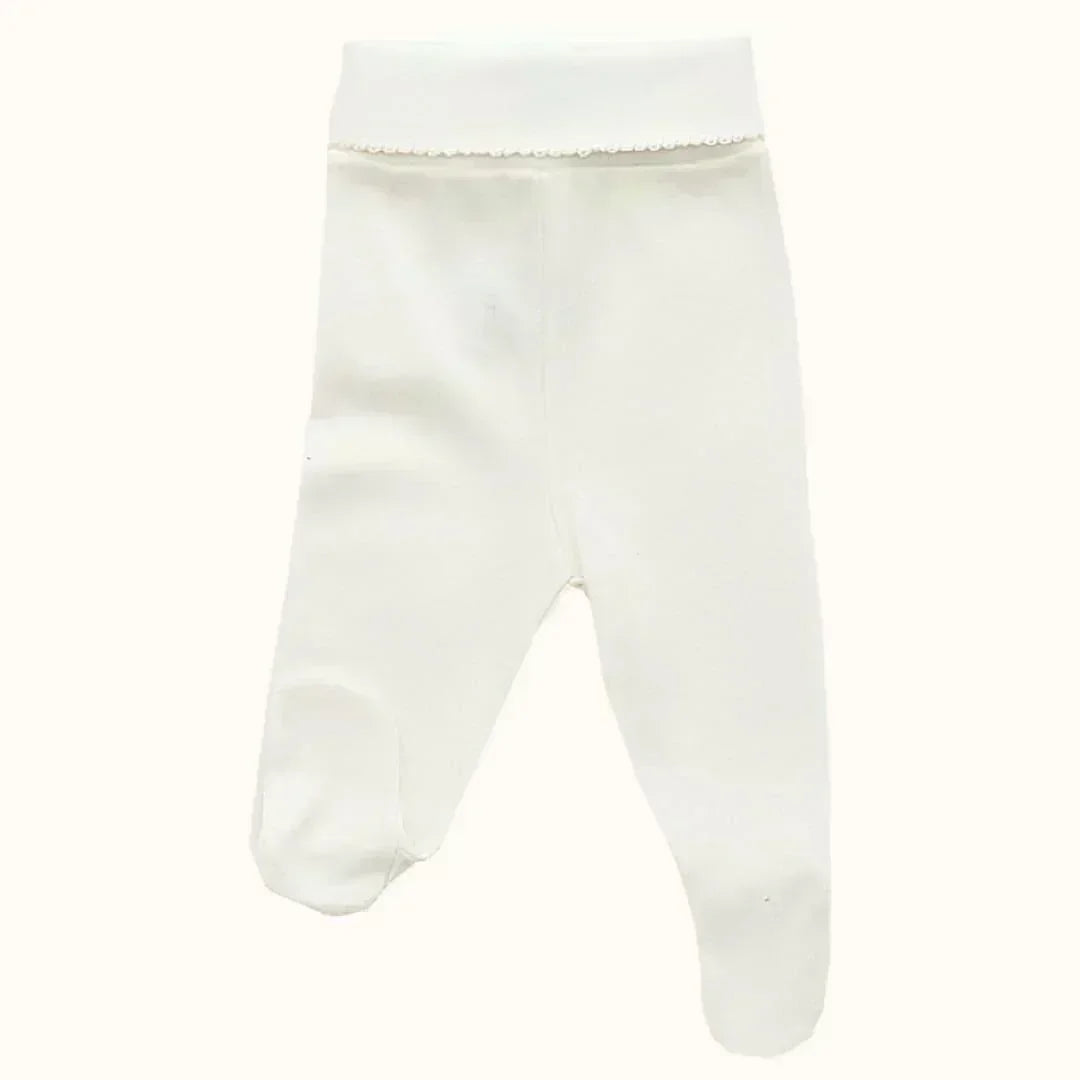 Calça bege para bebé de algodão com pés, confortável para recém-nascidos.
