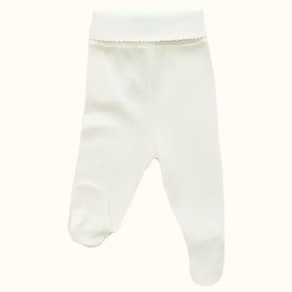 Calça bege para bebé de algodão com pés, confortável para recém-nascidos.