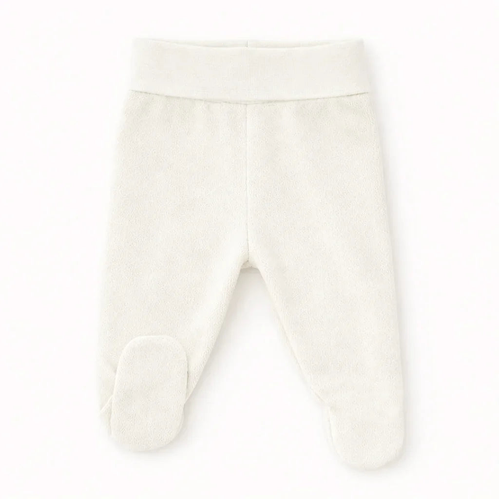 Calça de bebé em malha bege com pés, confortável e ideal para recém-nascidos