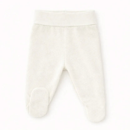Calça de bebé em malha bege com pés, confortável e ideal para recém-nascidos