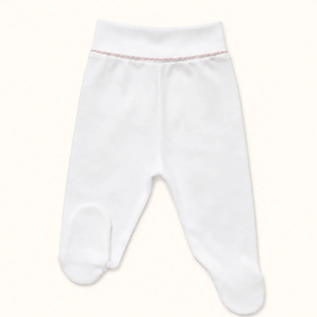 Calça com pés em algodão branco com pormenor em rosa no cinto sem elástico 
