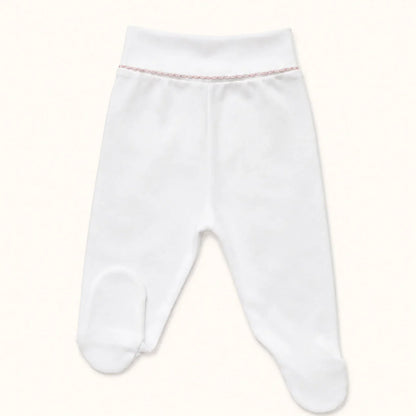Calça com pés em algodão branco com pormenor em rosa no cinto sem elástico 