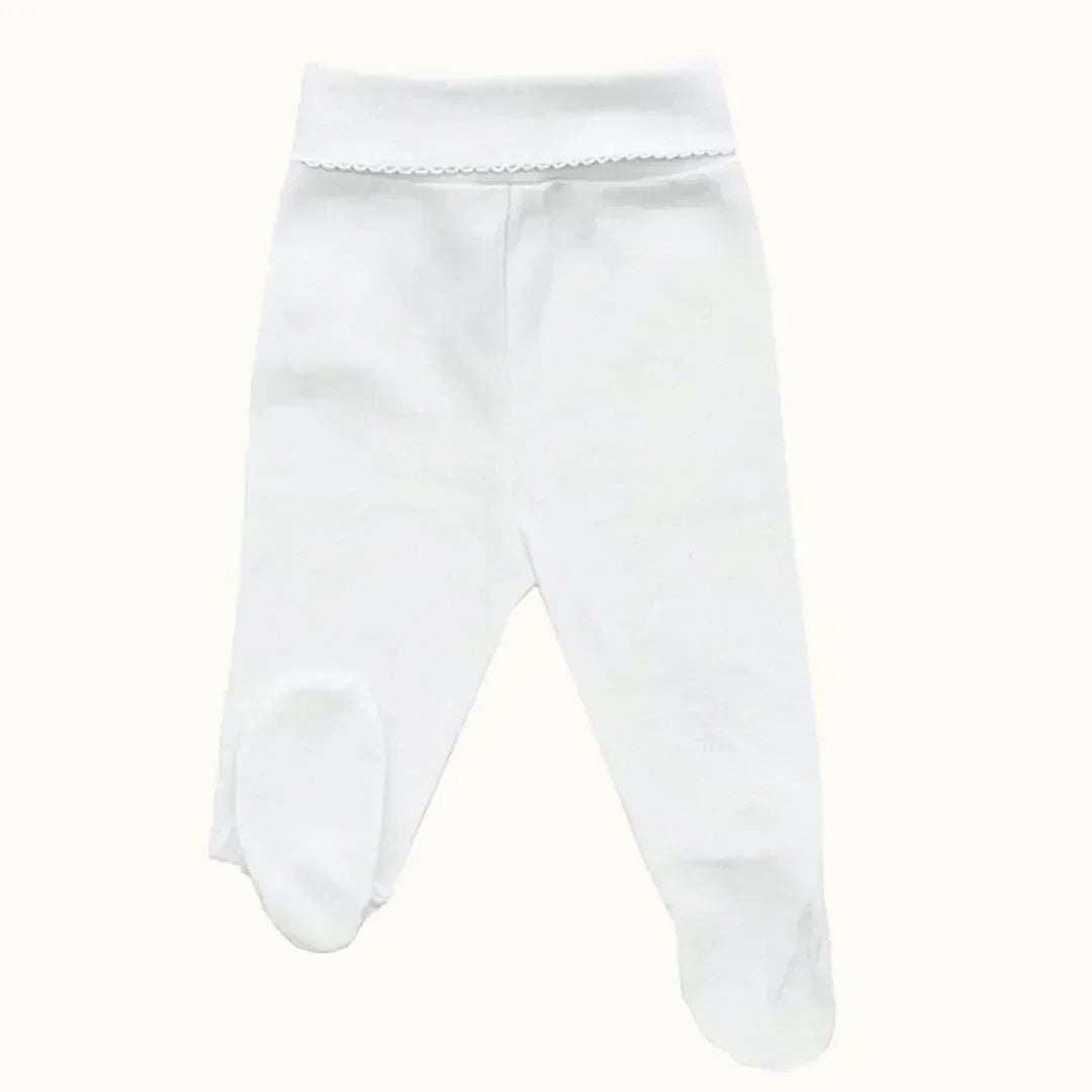 Calça branca de algodão para bebé recém-nascido, modelo com pé fechado, confortável.