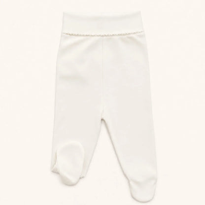 Calça interior com pés em malha algodão bege ideal para recém-nascidos 