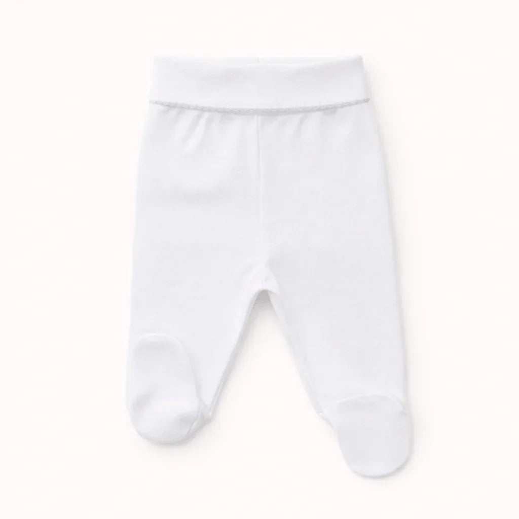 Calça de bebê branca com pés, roupa confortável para recém-nascidos.