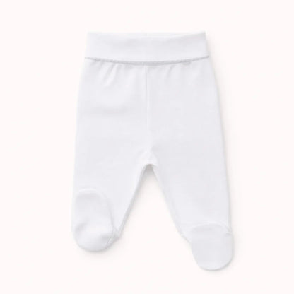 Calça de bebê branca com pés, roupa confortável para recém-nascidos.