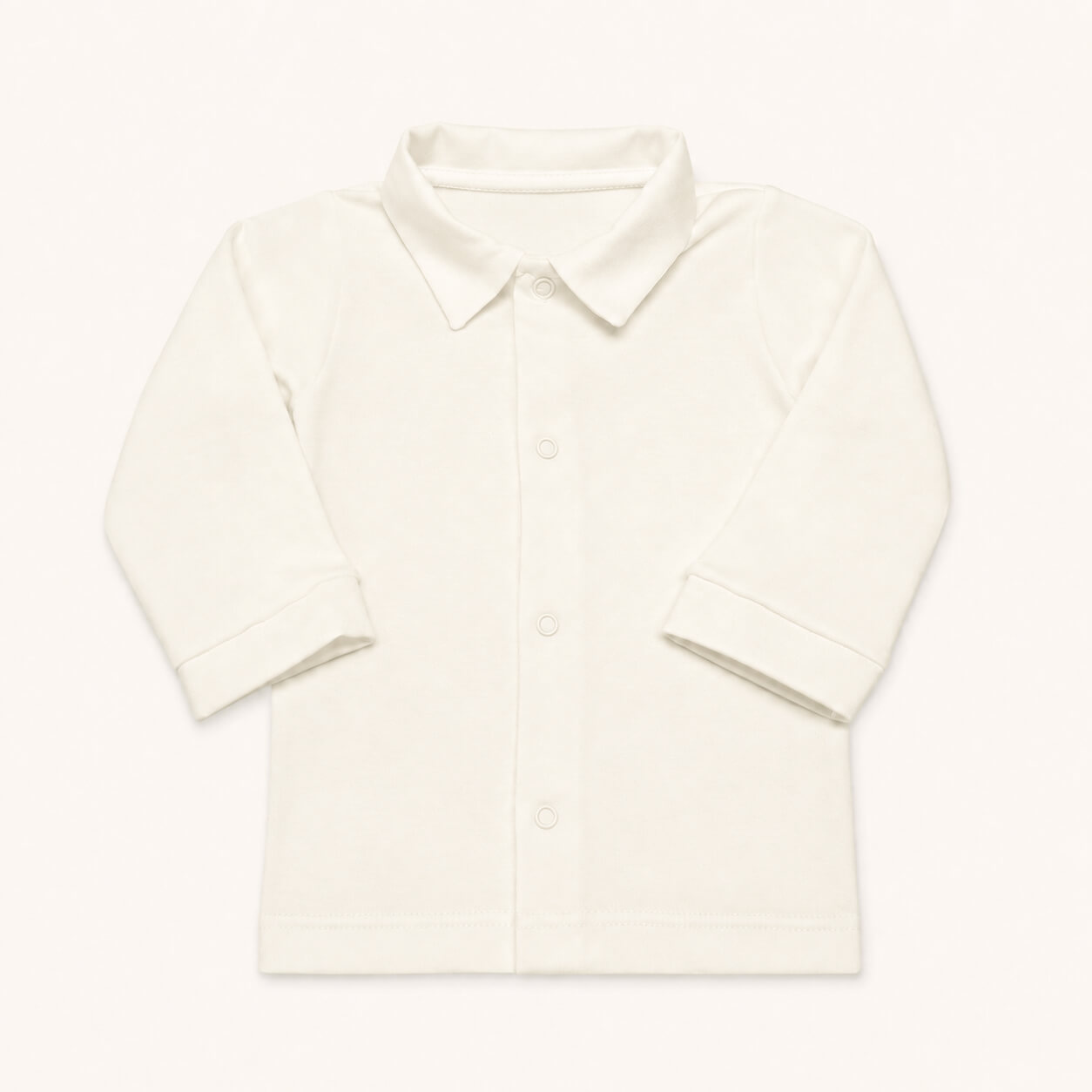 Camisola de manga comprida em malha algodão bege, a apertar à frente com molas.