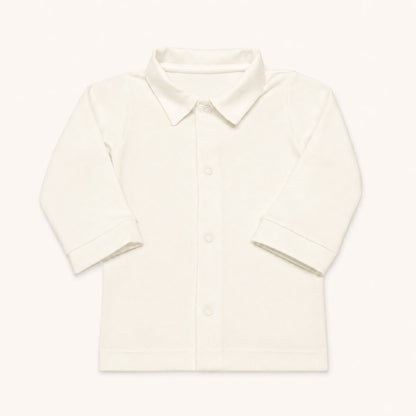 Camisola de manga comprida em malha algodão bege, a apertar à frente com molas.