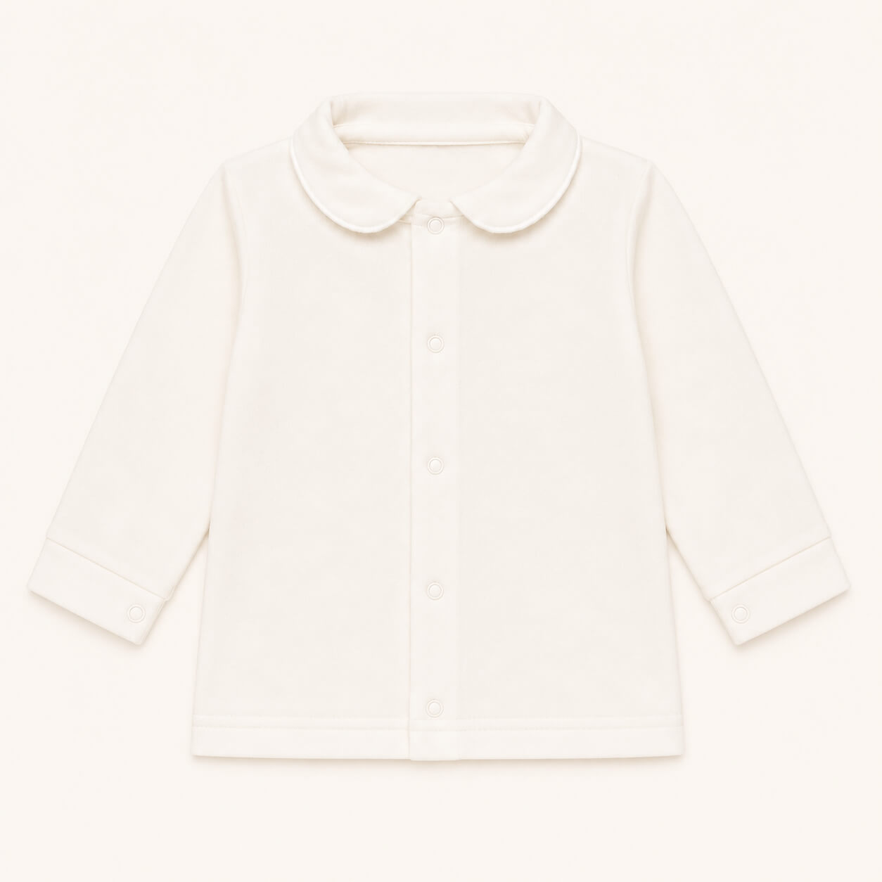 camisola com gola redonda em malha algodão bege, ideal para bebés de 12 meses aos 48 meses. Sem etiquetas irritantes no decote e abrir de cima a baixo para facilitar a muda da roupa