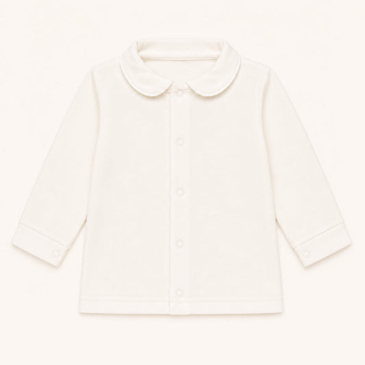 camisola com gola redonda em malha algodão bege, ideal para bebés de 12 meses aos 48 meses. Sem etiquetas irritantes no decote e abrir de cima a baixo para facilitar a muda da roupa