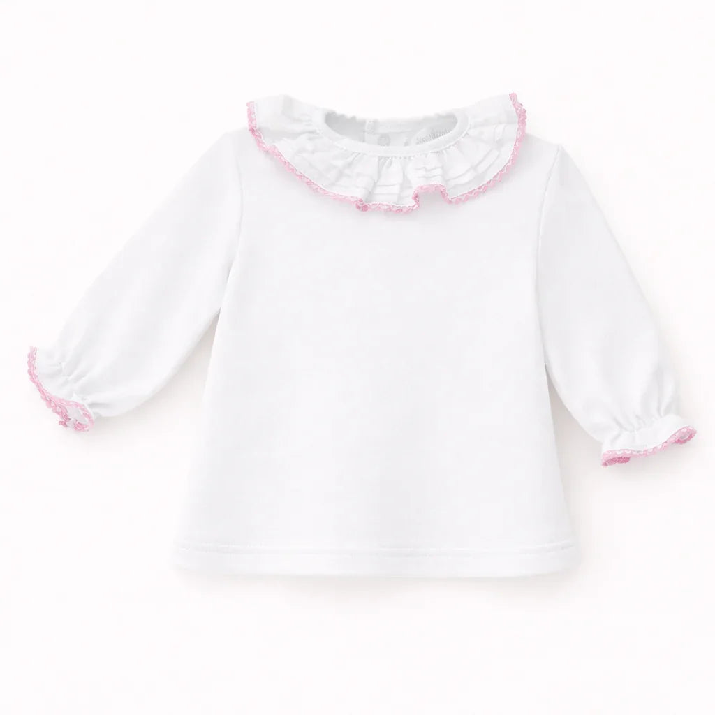 camisola de bebé branca com gola e punhos de renda rosa, manga comprida, roupa confortável