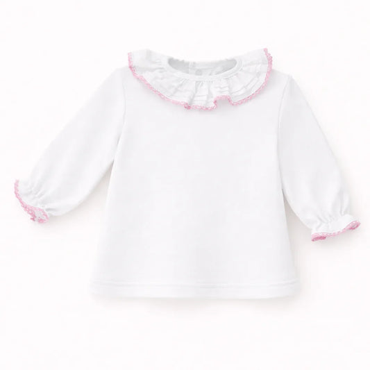 camisola de bebé branca com gola e punhos de renda rosa, manga comprida, roupa confortável