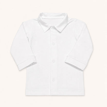 Camisola de manga comprida de gola de bico menino, a apertar à frente com molas