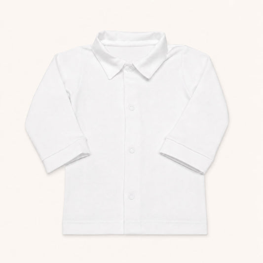 Camisola de manga comprida de gola de bico menino, a apertar à frente com molas