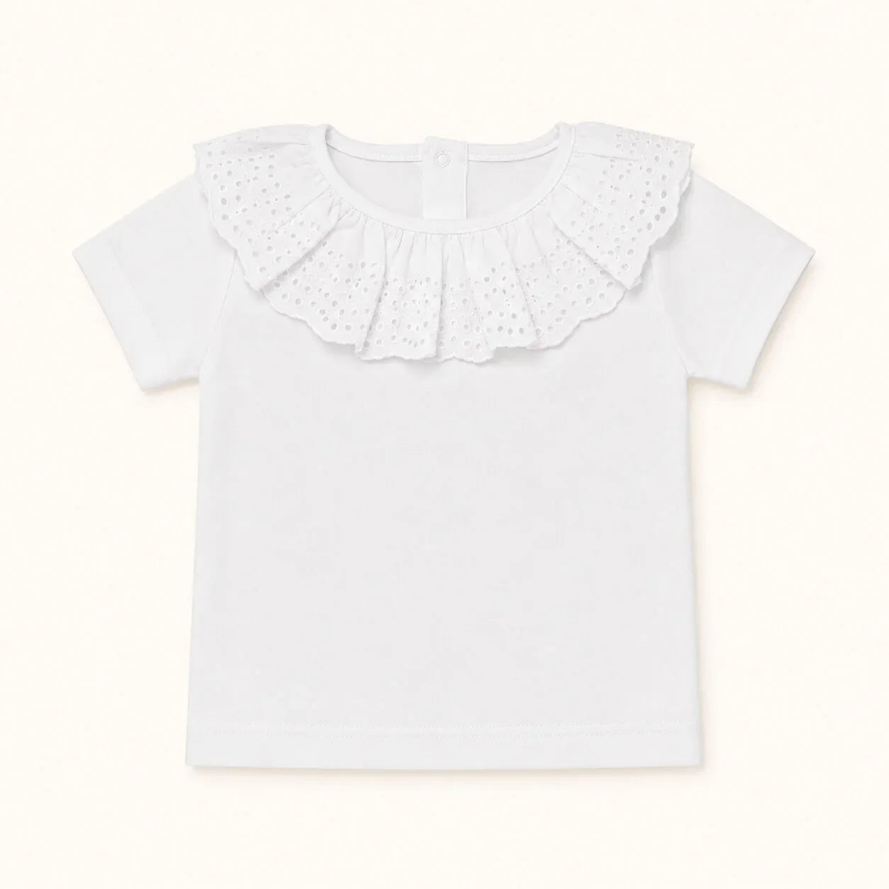 Camisola de gola bordado inglês, manga curta, tudo em algodão e ideal para bebés de 12 a 48 meses