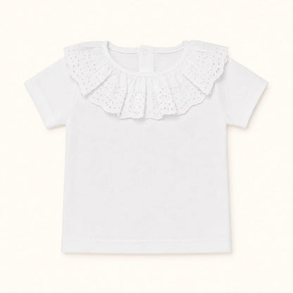 Camisola de gola bordado inglês, manga curta, tudo em algodão e ideal para bebés de 12 a 48 meses