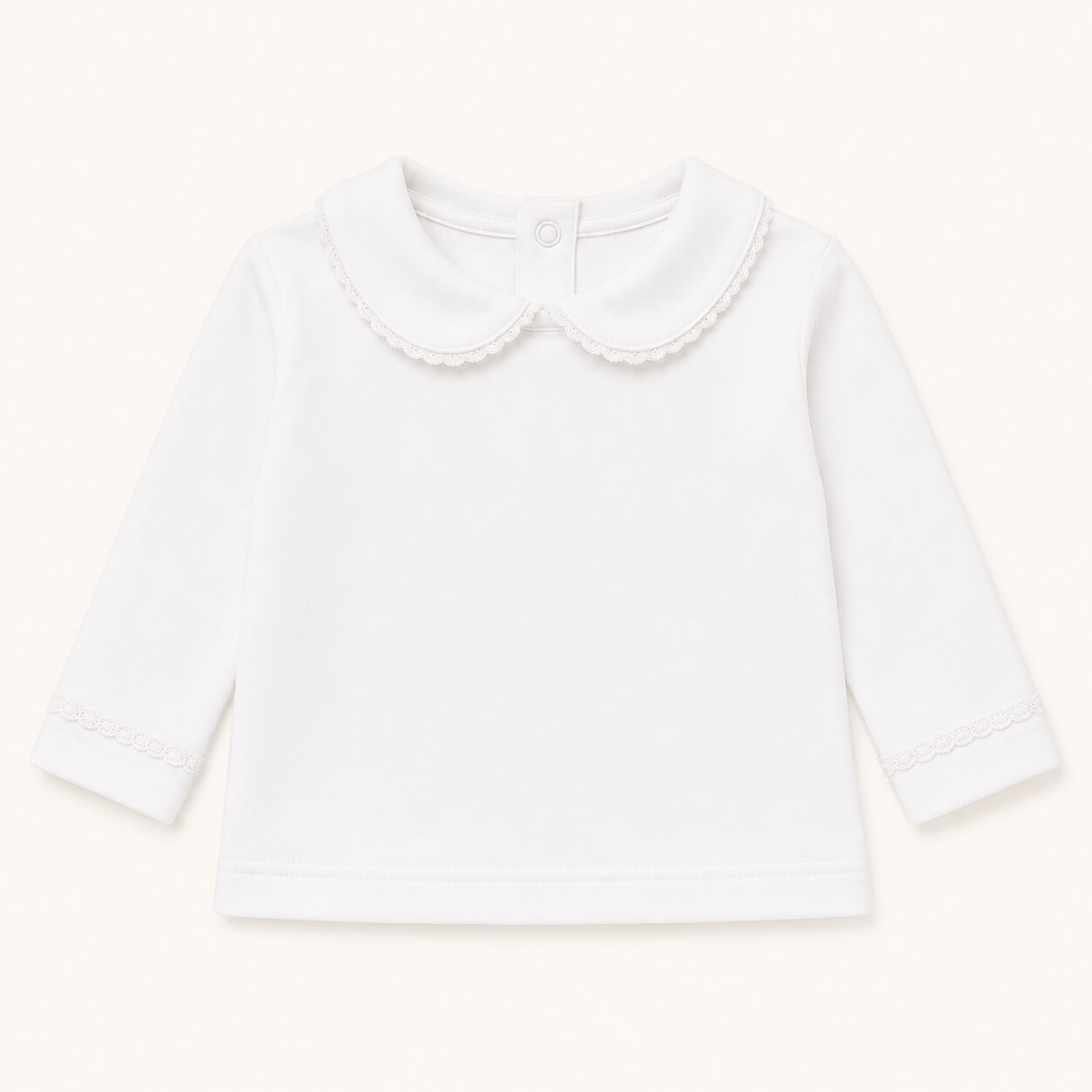 Camisola de gola para bebés dos 12 meses aos 48 meses, em malha algodão com golinha com renda.