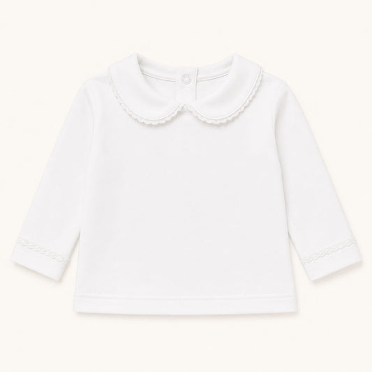 Camisola de gola para bebés dos 12 meses aos 48 meses, em malha algodão com golinha com renda.