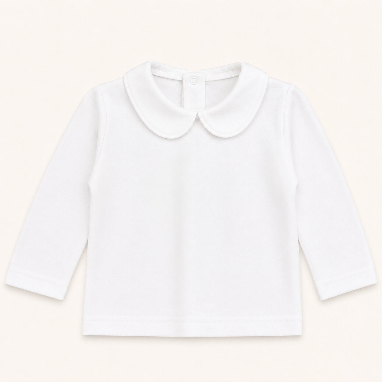 camisola manga comprida para bebé com gola Peter Pan, algodão branco com abertura até abaixo para facilitar a troca de roupa