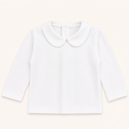 camisola manga comprida para bebé com gola Peter Pan, algodão branco com abertura até abaixo para facilitar a troca de roupa