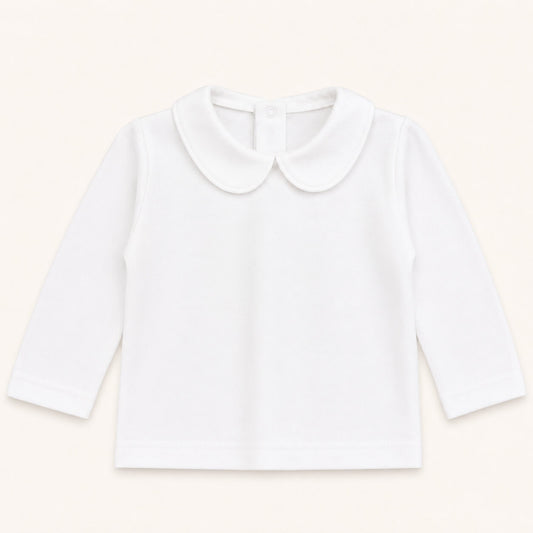 camisola manga comprida para bebé com gola Peter Pan, algodão branco com abertura até abaixo para facilitar a troca de roupa
