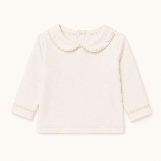 Camisola para bebé com gola em malha e renda bege à volta, super prático e confortável. 
