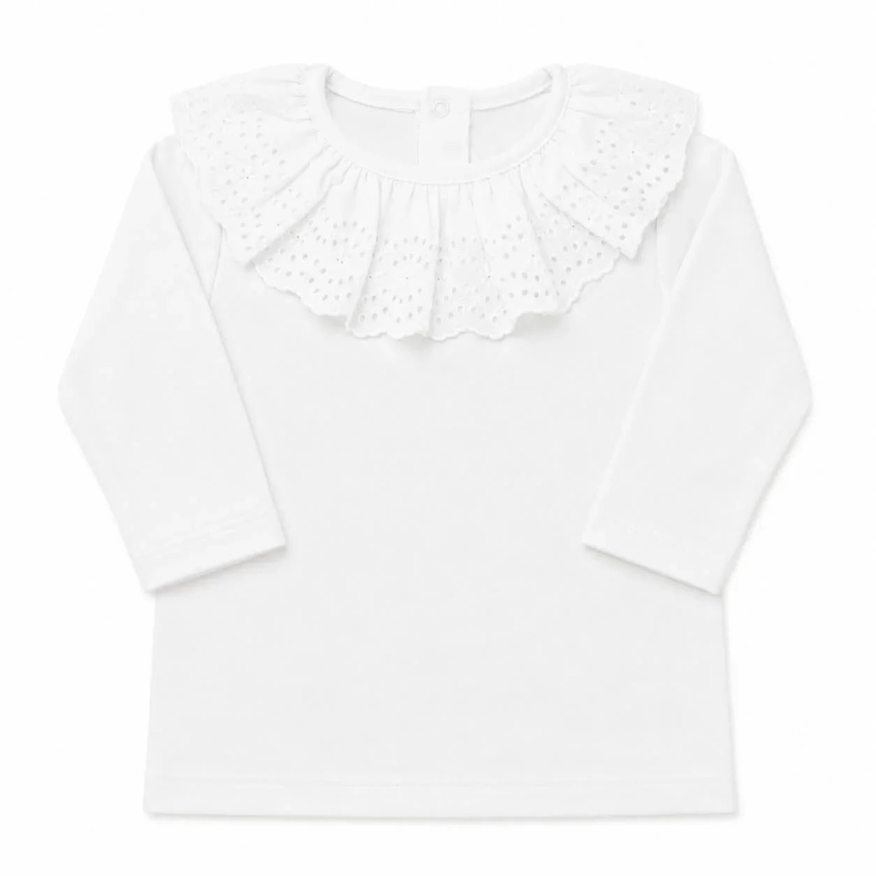 Camisola para bebé manga comprida com gola em bordado inglês,  tudo em algodão suave e confortável 