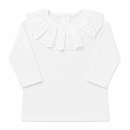 Camisola para bebé manga comprida com gola em bordado inglês,  tudo em algodão suave e confortável 