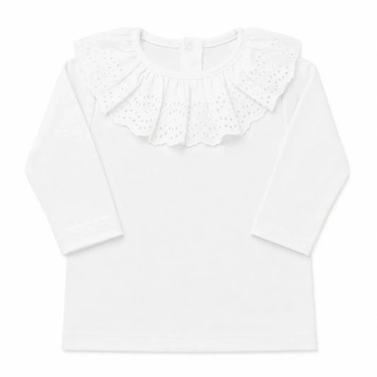 Camisola para bebé manga comprida com gola em bordado inglês,  tudo em algodão suave e confortável 