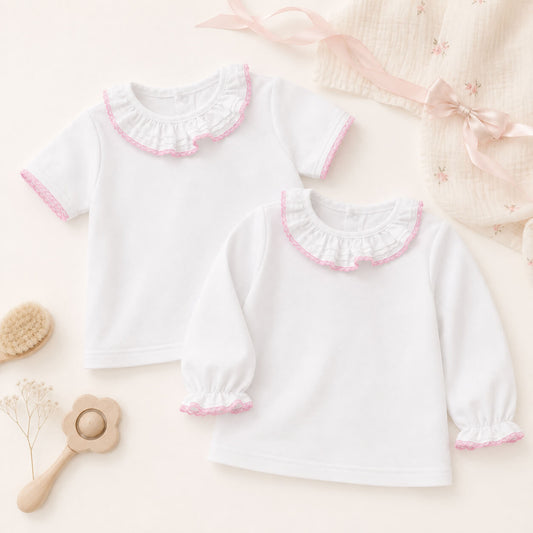 White Baby Knit Blouse with Pink Lace