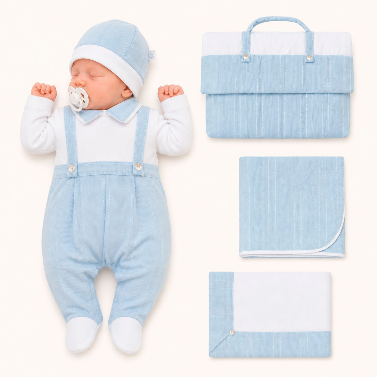 Conjunto de roupa de bebê azul country com gorro, macacão, manta e mala, ideal para recém-nascido.