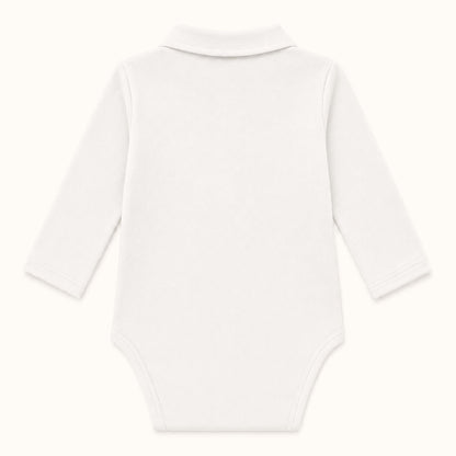 Costas de body de gola de camisa em malha 100% algodão fantasia Branco para bebés de 1 mês aos 24 meses