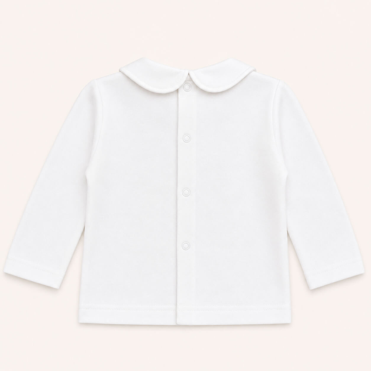 Costas de camisola para bebé manga comprida com gola Peter Pan branco com abertura até abaixo para facilitar a troca de roupa