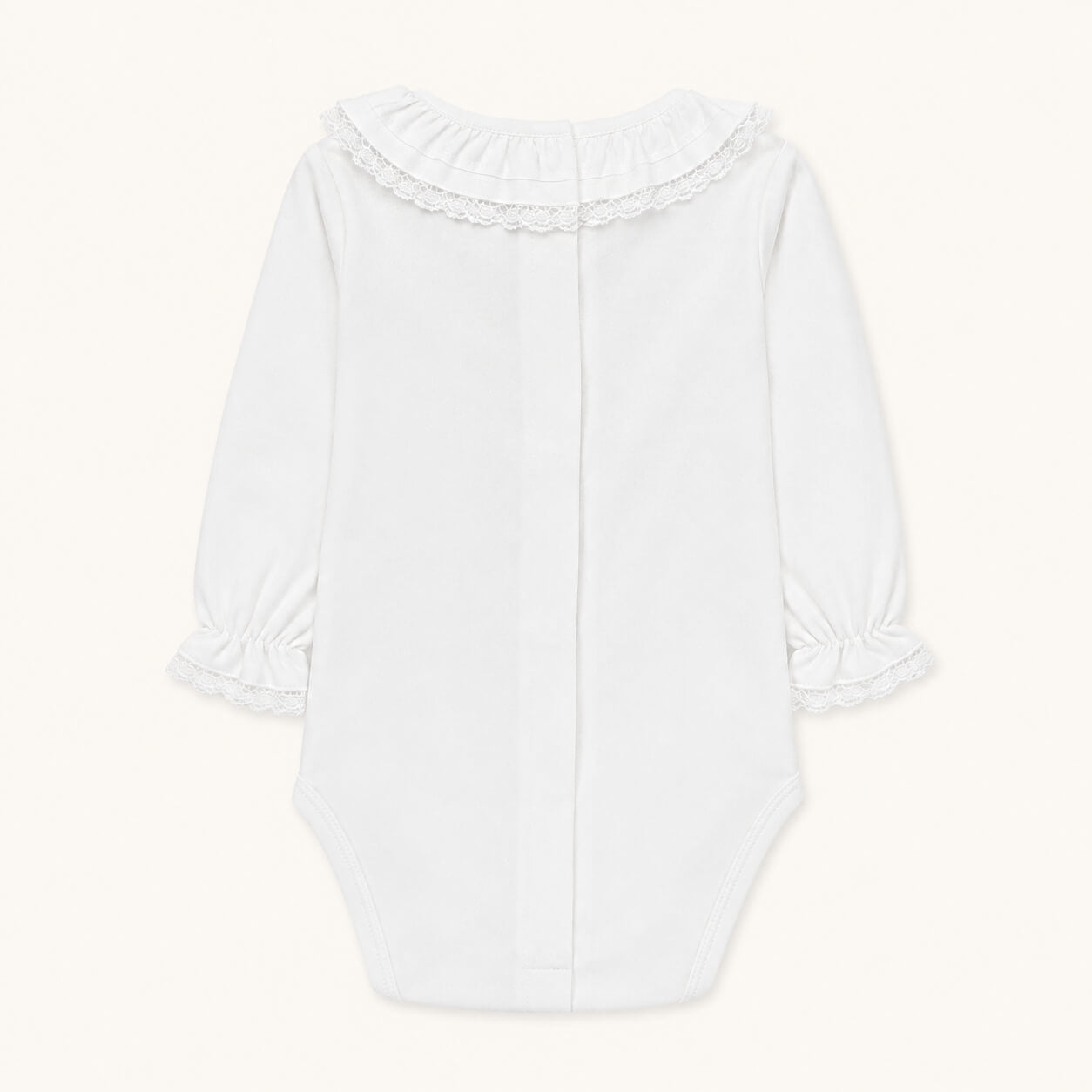 Costas de body de gola bebé em algodão branco, a abrir de cima a baixo para facilitar a muda de roupa.
