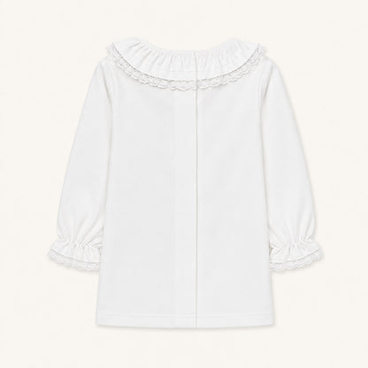 Costas de camisola com gola folho branco com renda candy branca, abrir de cima a baixo para facilitar a muda da roupa.