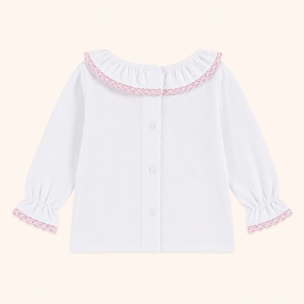 Costas de camisola com gola folho branco com renda candy rosa, abrir de cima a baixo para facilitar a muda da roupa.