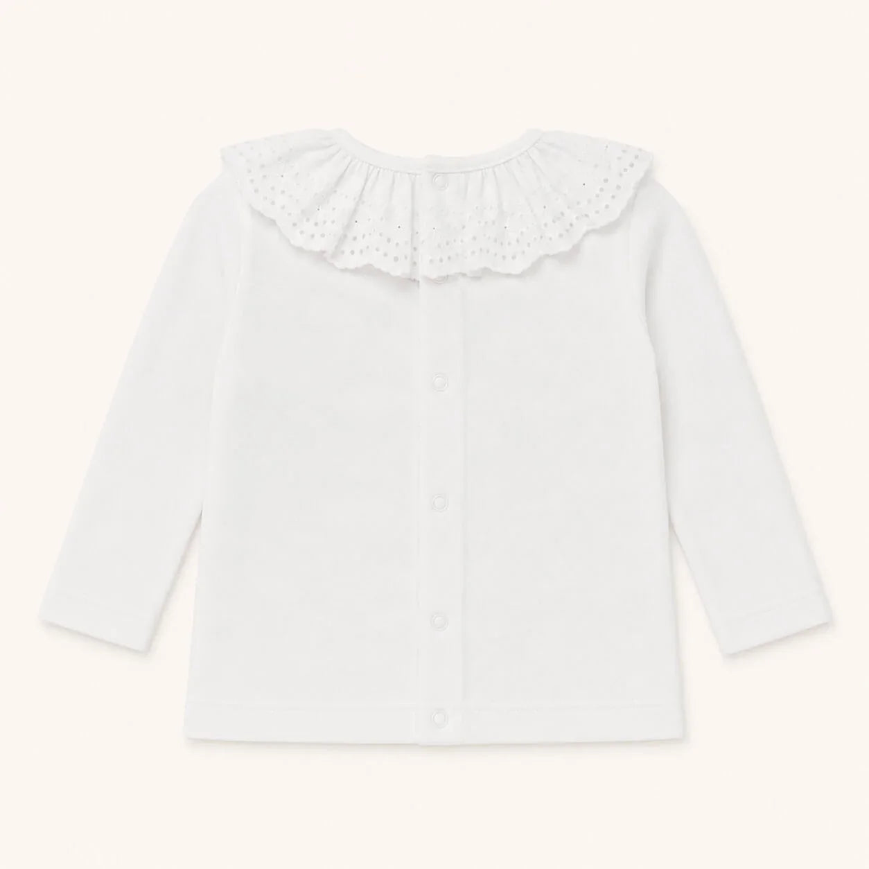 Costas de camisola com gola em Bordado Inglês,  tudo algodão e abrir por todo com molas para facilitar a muda da roupa