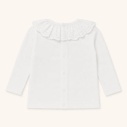 Costas de camisola com gola em Bordado Inglês,  tudo algodão e abrir por todo com molas para facilitar a muda da roupa