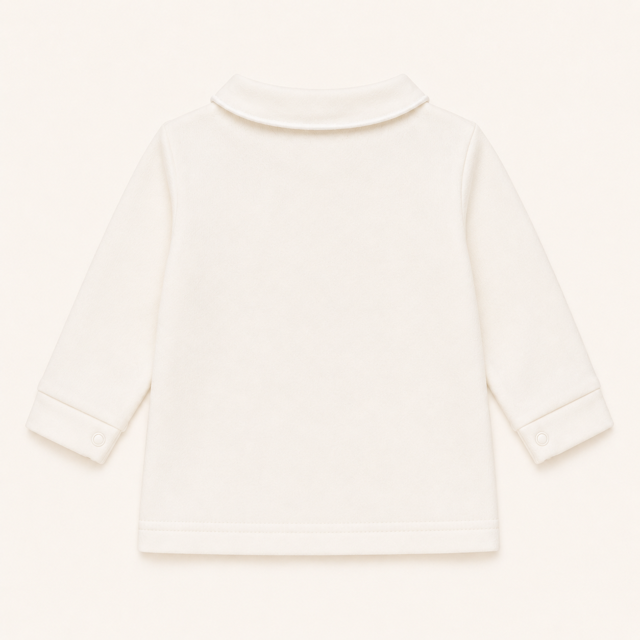 Costas de camisola com gola redonda em malha algodão bege, ideal para bebés de 12 meses aos 48 meses.