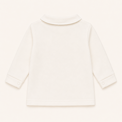 Costas de camisola com gola redonda em malha algodão bege, ideal para bebés de 12 meses aos 48 meses.