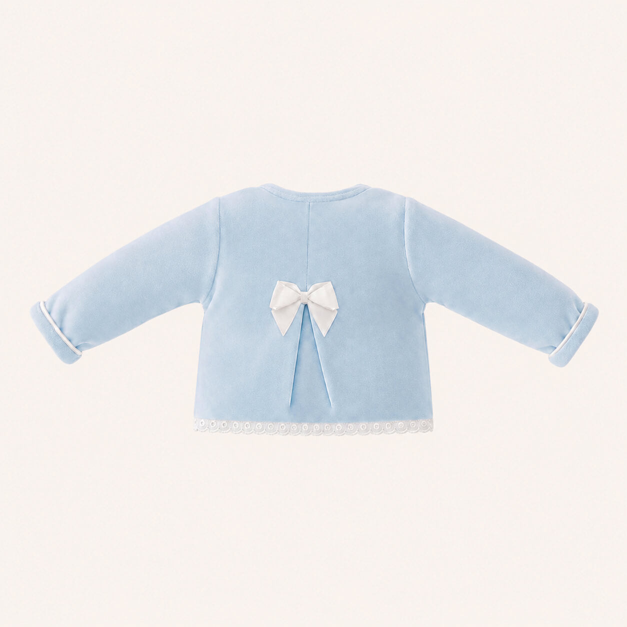 Costas de casaco azul com um macho e Laço branco