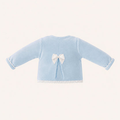 Costas de casaco azul com um macho e Laço branco