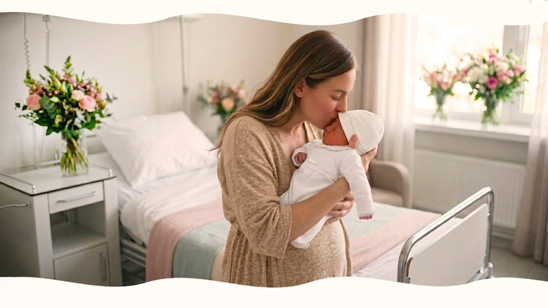 Mãe com recém-nascido na maternidade.